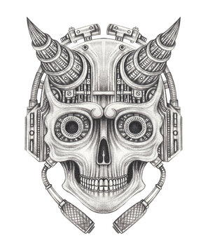 Cyberpunk demon skull tattoo design by hand drawing on paper.