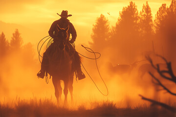 Misty Morning Cowboy Silhouette with Lasso - obrazy, fototapety, plakaty