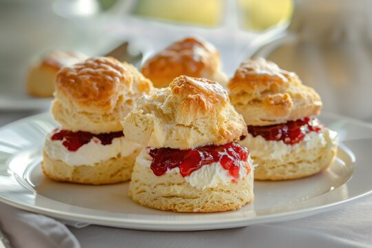 Delicious scones topped with cream and jam, perfect for a tea party