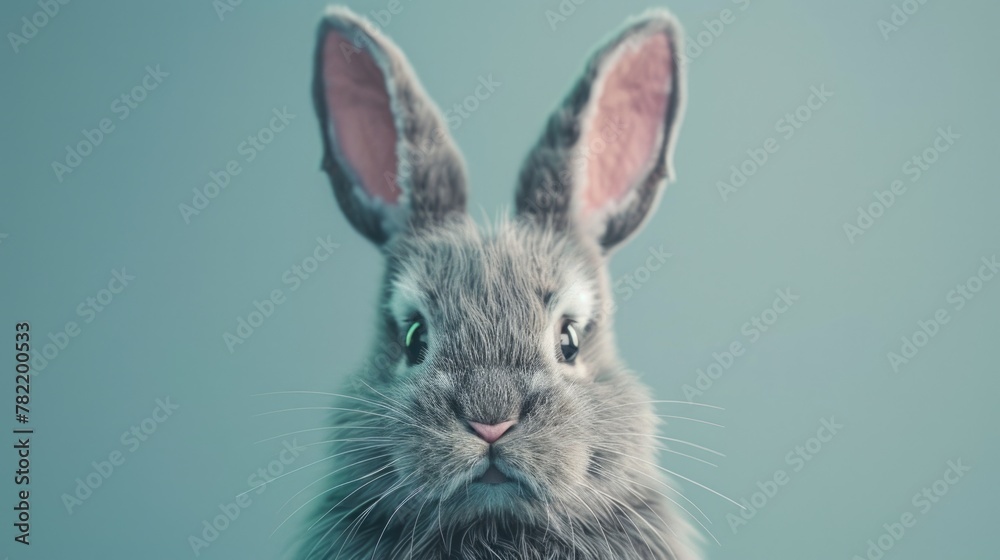 Poster a cute gray rabbit looking at the camera. suitable for various projects