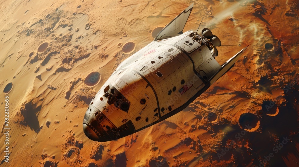 Poster a space shuttle flying over a barren desert landscape. suitable for technology and exploration conce