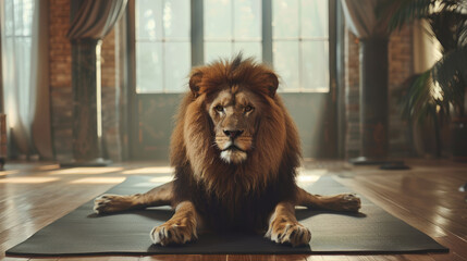 Lion resting on yoga mat in room - obrazy, fototapety, plakaty