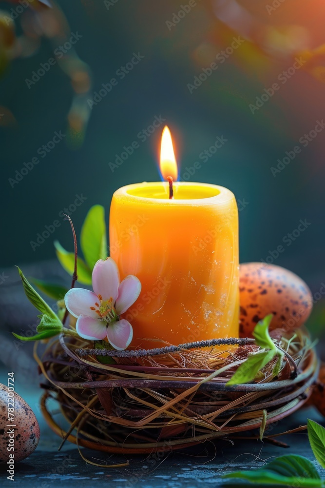 Poster A yellow candle sitting on top of a nest filled with eggs. Suitable for Easter or spring-themed designs