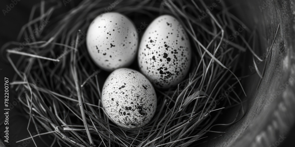 Poster three eggs in a nest on a table, ideal for food and cooking concepts