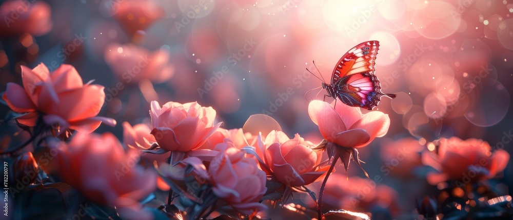 Sticker Flower blossoming pink rose and flying peacock eye butterflies on a blurry sunny shiny glowing background, mysterious fairy tale spring floral wide panoramic holiday banner