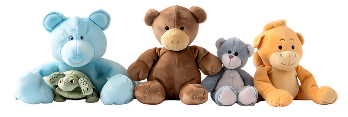 A stuffed horse, teddy bear and turtle sitting next to each other on a white background