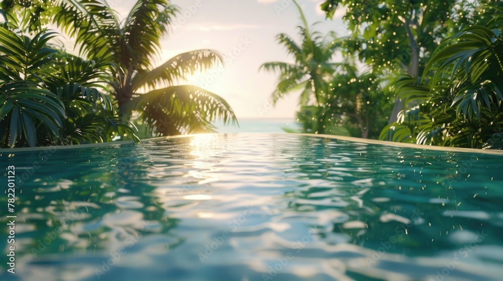 Poster a tranquil pool oasis surrounded by lush palm trees. ideal for travel brochures or relaxation concep