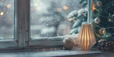 A lit candle next to a Christmas tree on a window sill. Perfect for holiday decorations