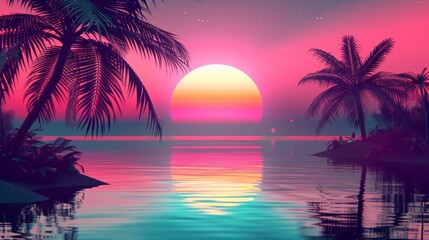 Fototapeta na wymiar beautiful retro neon sunrise with a big sun and palm trees with a big lake with reflection in high resolution and high quality