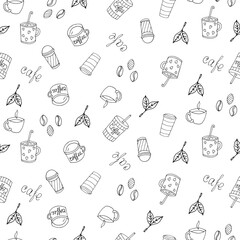 Naklejka premium Handmade vector illustration for cafe design. Seamless pattern of glassware, cakes, coffee. Doodle style.