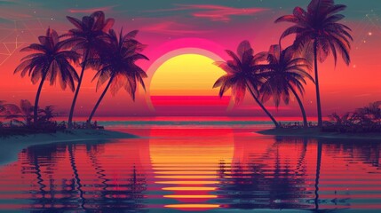 Fototapeta na wymiar beautiful neon retro sunrise with a big sun