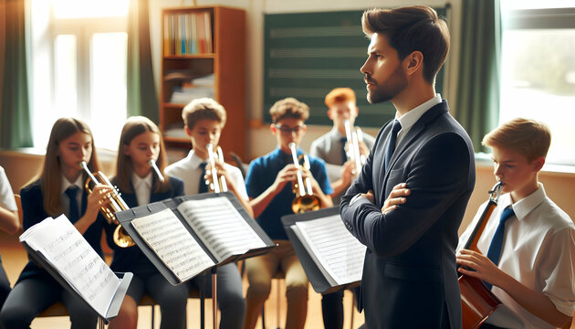 Engaging Candid Shot of a Music Teacher Conducting a School Band Rehearsal in a Daily Routine Environment