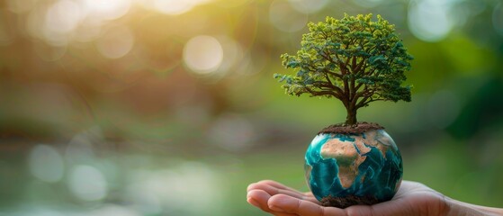 The design depicts a blue glass globe ball and a tree in the hands of a human being on a blurred green background. The message highlights the importance of saving the environment, protecting the