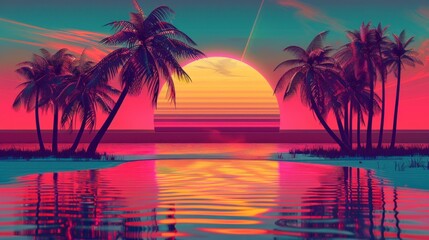 Fototapeta na wymiar beautiful neon retro sunrise with a big sun and palm trees