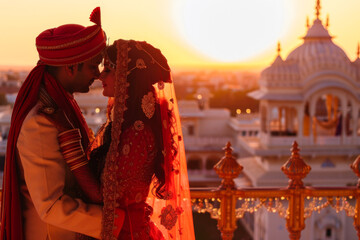 A Hindu bride and groom in traditional clothes at sunset.
 - obrazy, fototapety, plakaty