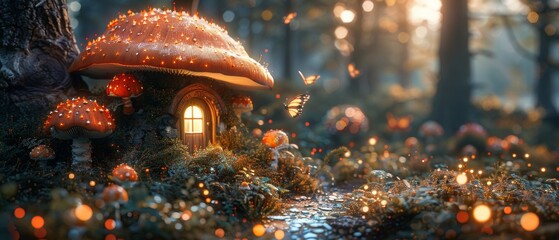 A fairytale forest with giant mushrooms, a house in a pine tree hollow with a shining window, and...