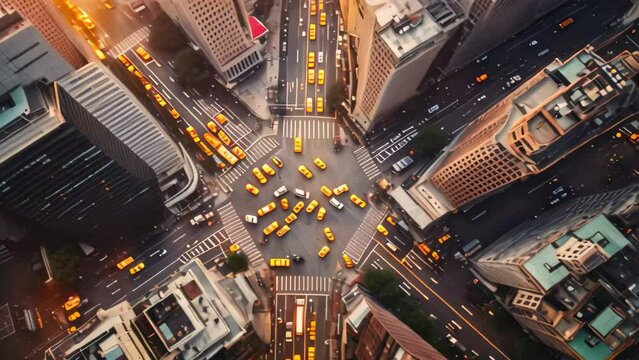 This photo captures an aerial view of a busy city street filled with yellow cabs moving through the traffic, An aerial view of a city bustling with traffic, AI Generated