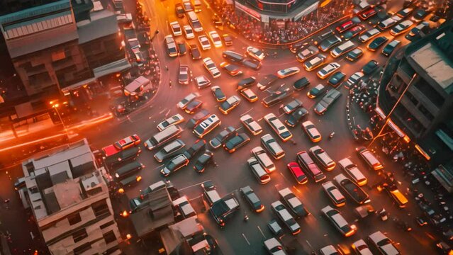 A chaotic scene on a busy city street as cars, buses, and motorcycles navigate through heavy traffic during rush hour, An aerial view of a city bustling with traffic, AI Generated