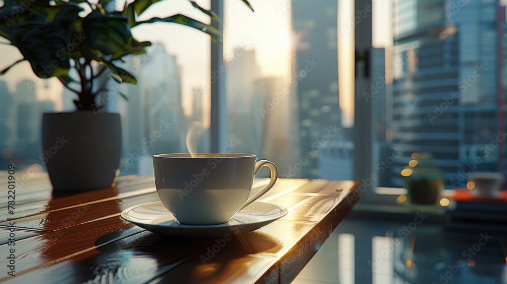 Poster a cup of coffee on a table near a window, suitable for various concepts