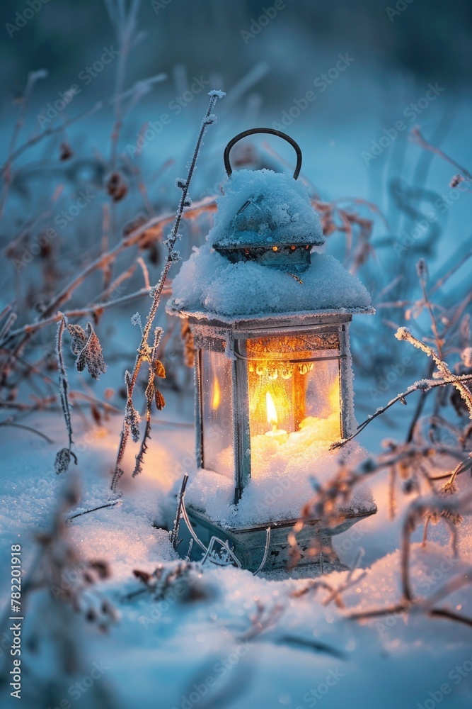 Poster A lantern glowing in the snow, perfect for winter concepts