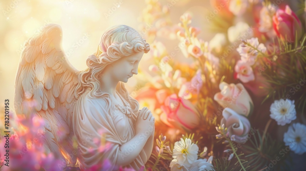 Poster A beautiful statue of an angel surrounded by colorful flowers. Perfect for adding a touch of elegance to any project