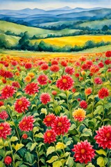 Watercolor painting of vibrant Dahlia swaying in the breeze, clipart, landscape scene countryside, red yellow flowers
