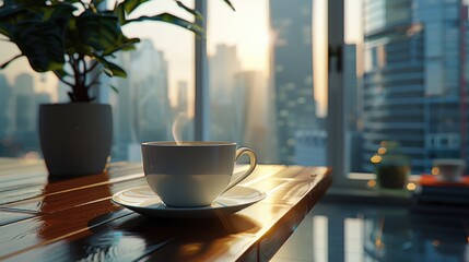 A cup of coffee on a table near a window, suitable for various concepts