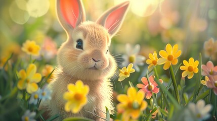 A cute rabbit sitting in a field of colorful flowers. Great for nature and animal lovers