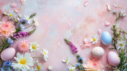 Colorful flowers and fresh eggs on a vibrant pink background. Perfect for Easter or spring-themed designs