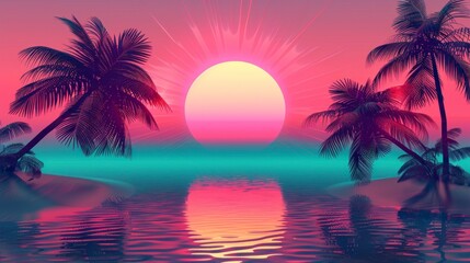 Fototapeta na wymiar Beautiful retro neon sunrise with a big sun and palm trees with a large lake with a reflection in high resolution and high quality. retro concept,wallpaper