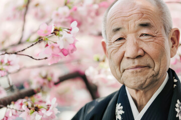 Japanese man in kimono with sakura blossom in background
