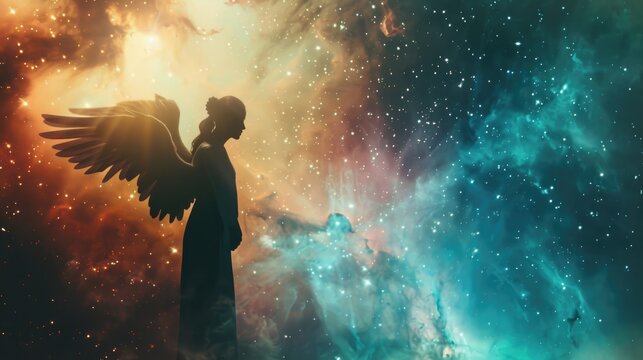 Angelic figure standing in cosmic backdrop. Ideal for spiritual concepts