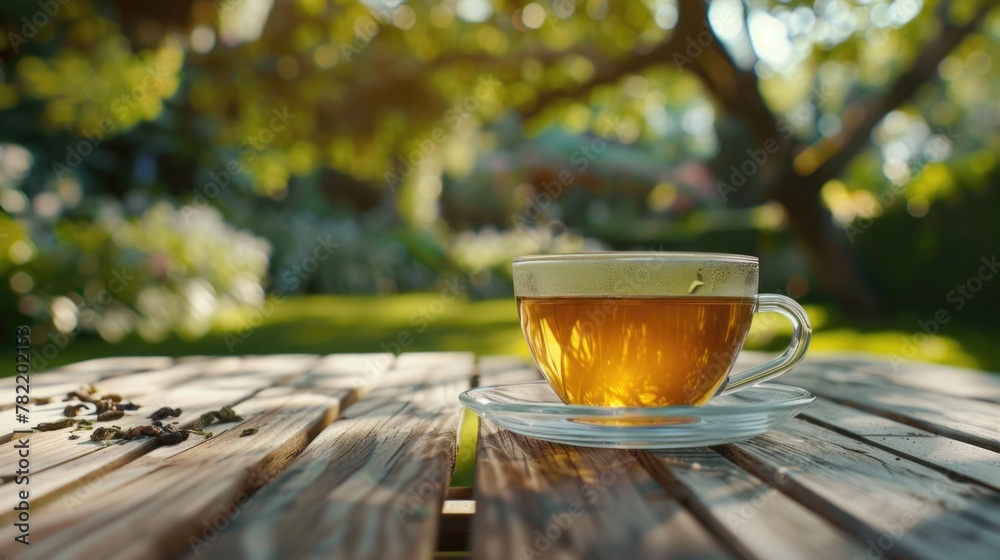 Poster A simple image of a cup of tea on a wooden table. Suitable for various projects