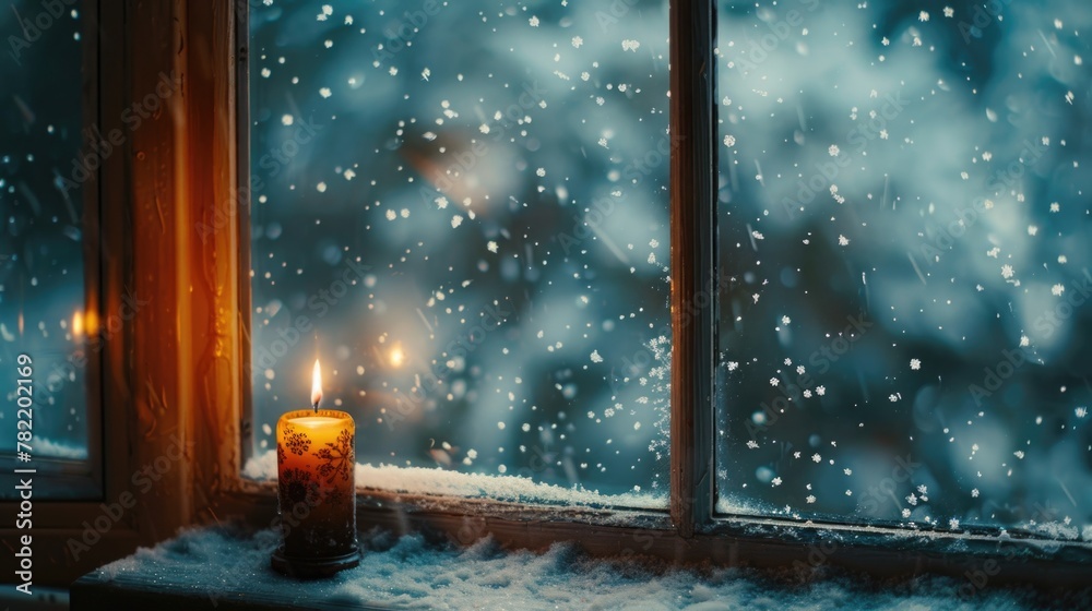 Poster a lit candle sitting on a window sill in the snow. perfect for winter and cozy home concepts