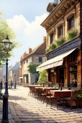 Fototapeta premium Watercolor painting of a cozy cafe, on a cobblestone street with tables chairs, Lo-fi style scene