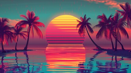 Fototapeta na wymiar beautiful retro neon sunrise with a big sun and palm trees with a big lake with reflection in high resolution