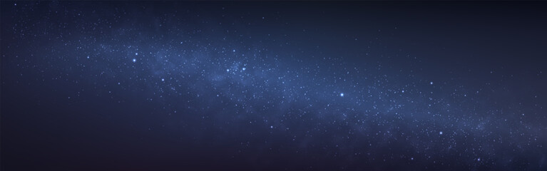 Milky way. Realistic starry background. Wide night sky with shining stars. Magic constellation with soft light. Galaxy wallpaper with blue gradient. Vector illustration.