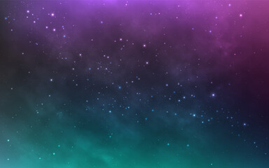 Green galaxy with white stars. Magic cosmos with purple clouds. Glowing nebula with stardust. Bright starry universe. Color outer space. Cosmic background. Vector illustration.