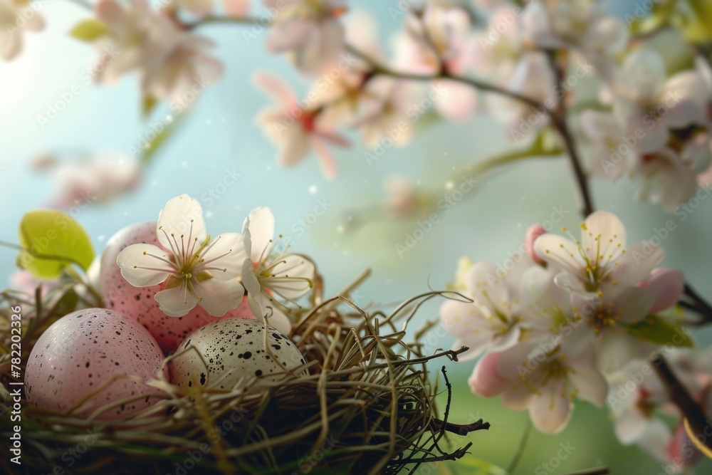 Aufkleber A nest with eggs and colorful flowers on a tree branch. Suitable for spring and nature concepts