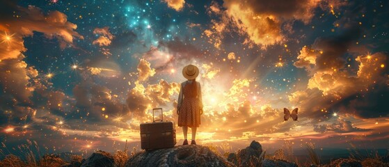An idyllic fantasy scene of ghost arch ruins and butterflies with a young woman in a retro dress and hat sitting on a suitcase and flying on an ammonite fossil through space and the universe. - obrazy, fototapety, plakaty