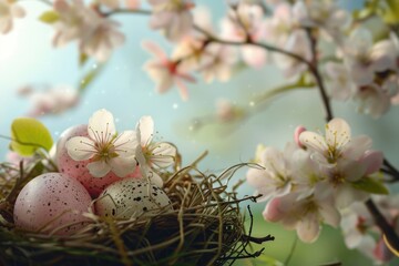 A nest with eggs and colorful flowers on a tree branch. Suitable for spring and nature concepts