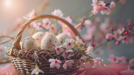 A basket filled with eggs on a table. Perfect for Easter designs - Powered by Adobe