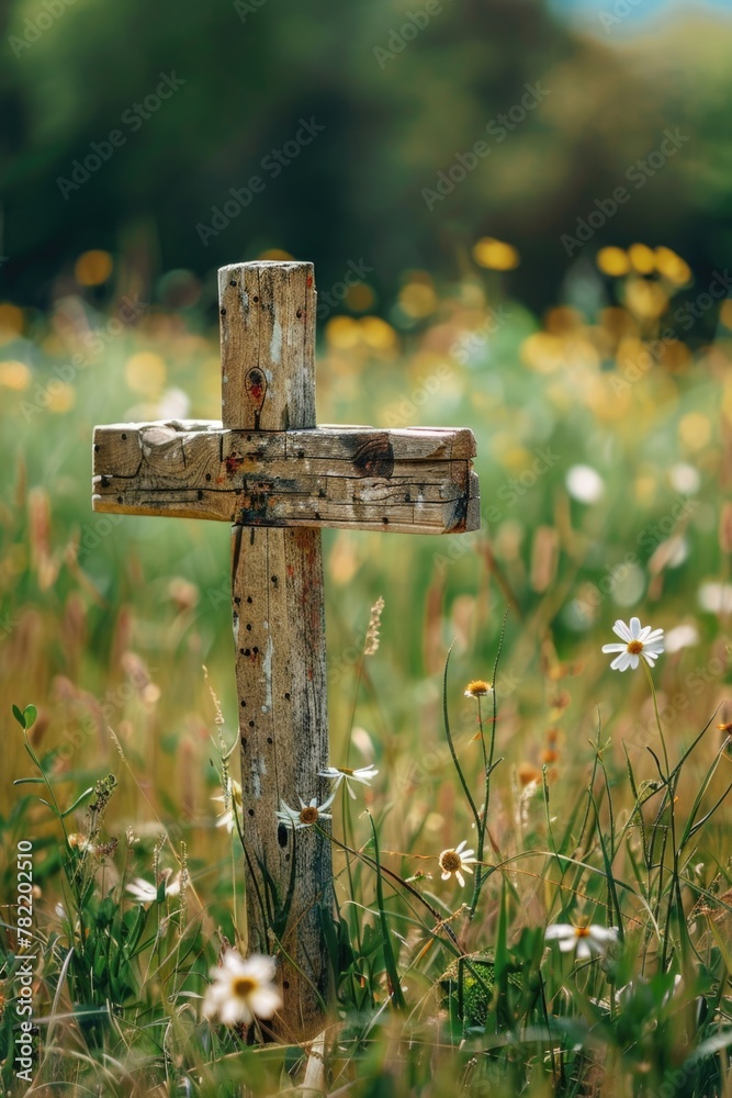 Poster a serene image of a wooden cross standing amidst a field of colorful flowers. ideal for religious or