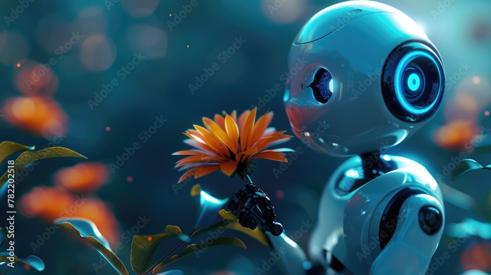 Poster a robot holding a flower, suitable for technology concepts
