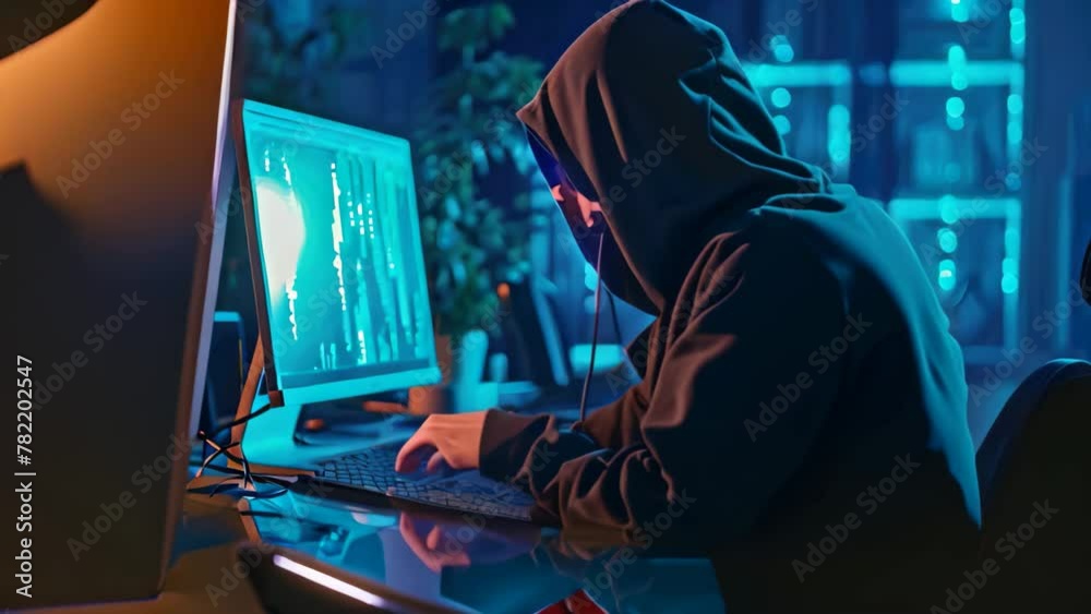 Poster a man wearing a hoodie is sitting in front of a computer screen, focused on programming code and wor