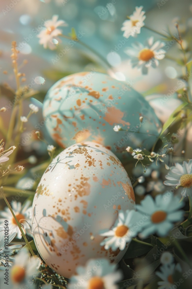 Poster fresh eggs resting on a bed of colorful flowers, suitable for various spring and easter-themed desig
