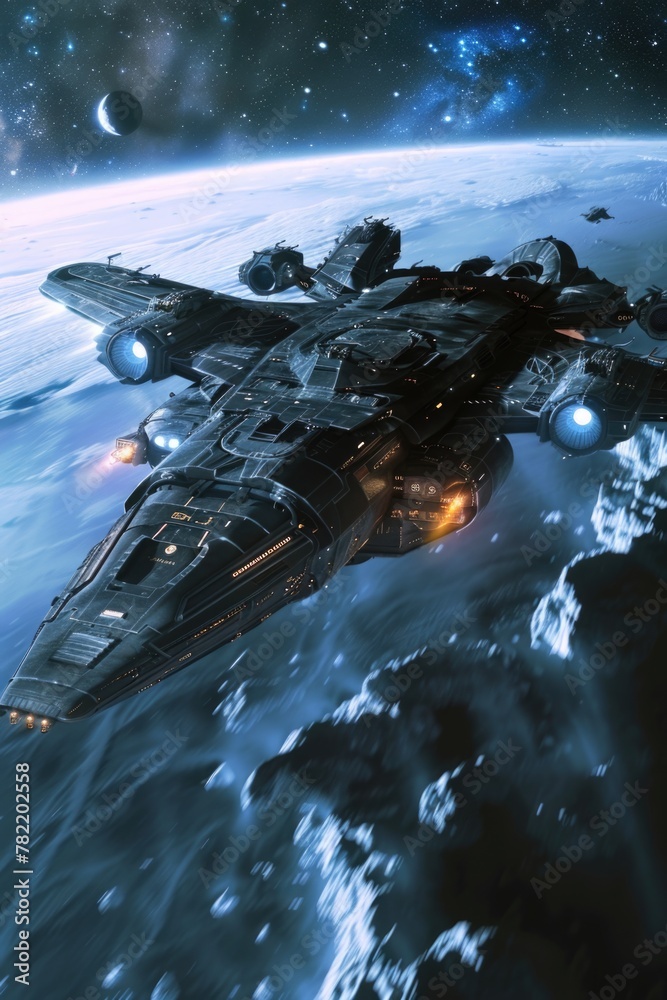 Aufkleber Spaceship flying over a planet with a moon in the background. Ideal for sci-fi and space exploration concepts