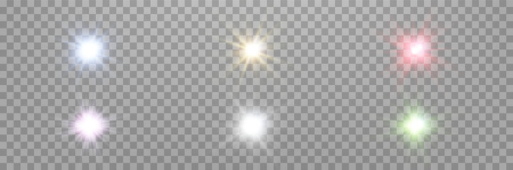 Different colors sunlight lens flare, sun flash with rays and spotlight. Glowing burst explosion on a transparent background.  
Vector illustration.