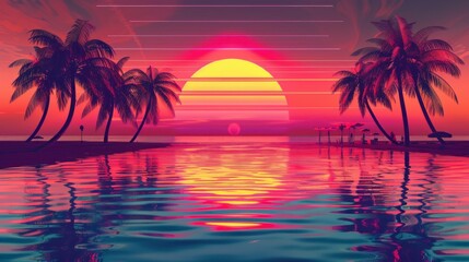 Fototapeta na wymiar Beautiful retro neon sunrise with a big sun and palm trees with a large lake with a reflection in high resolution and high quality. retro concept,wallpaper,neon,80s,illustration