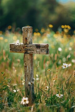 A serene image of a wooden cross standing amidst a field of colorful flowers. Ideal for religious or spiritual themes